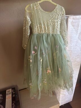 Girls 4T Green Lace & Tulle Floral Embroidered Dress